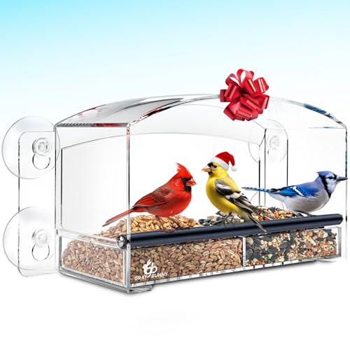 Gray Bunny Window Bird Feeder with Strong Suction Cups, Modern Window Bird Feeders for Outdoors Viewing, Clear Transparent Squirrel Proof Birdfeeder, Drain Holes, Removable Tray, Large Seed Capacity