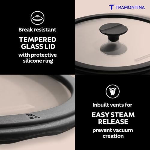 Image of TRAMONTINA TITANEX 26cm / 4.6L Pre-Seasoned Heritage Cast Iron Deep Kadai with Toughened Glass Lid | Snap-On Silicone Grips | Kadhai for Curry | Gas & Induction Cookware | Life-Time Warranty
