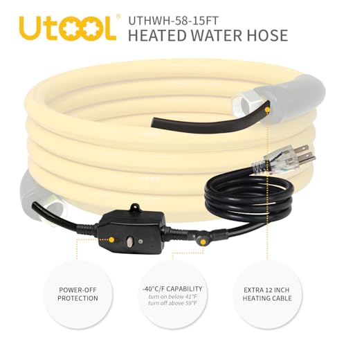 Image of UTOOL 15 FT Heated Water Hose for RV Camper with 90 Degree Elbow, NSF 372 Drinking Water Certified Garden Hose, Automatic Thermostat Antifreeze Protection to -40F, 5 /8 inch ID, 3 /4 inch GHT Adapter
