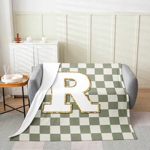 Image of Erosebridal Sage Green Checkered Flannel Blanket Plaid Initial R Fuzzy Plush Throw Personalized Monogram Fleece Blanket for Kids Boys Girls,Fashion Grids Gingham Decor for Bed Couch 40 inchx50 inch