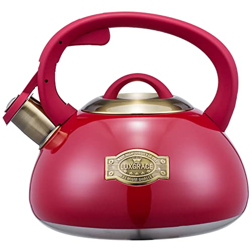 Whistling Tea Kettle Stainless Steel Teapot Teakettle for Stovetop Induction Stove Top Fast Boiling Heat Water Tea Pot 2.5 Quart(Red)