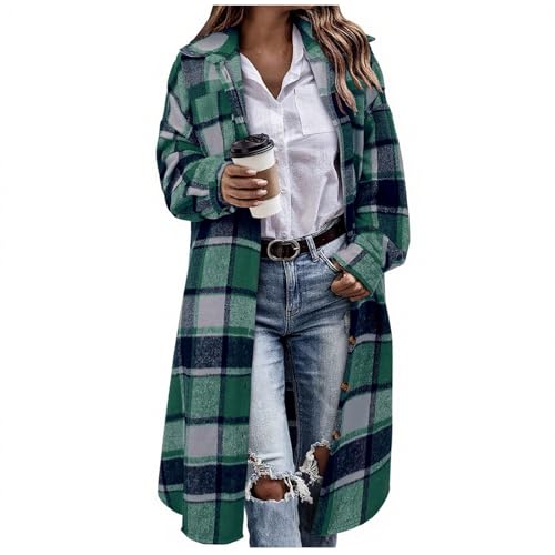 Dyhxuan Trenchcoat Damen Kariert Wollmantel Elegant Revers Mantel Knielang Übergangsjacke Button Down Outdoorjacke Casual Hemdjacke Mantel