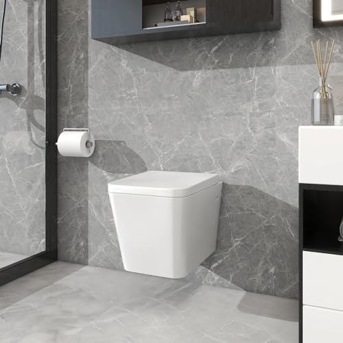Robanmoa Wall Hung Toilet Modern Square Toilet Pan Bathroom WC, White Ceramic Short Projection Wall Mounted Toilets & Soft Close Seat Quick Release Compact Toilets WC