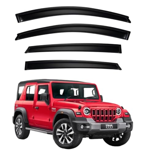 Image of Premium Smoke Car Door Visor Front+Rear Sun /Rain Guard Outside Mount Tape-On Window Visors Compatible with Mahin-dra Thar Roxx (2025-2026)