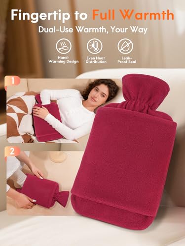 MUPAS Wärmflasche mit Vliesbezug –2L Große Auslaufsicher Bettflasche –Weicher Wärmflaschen mit Känguru Tasche –Hot Water Bag für Kinder & Erwachsene (Rot)