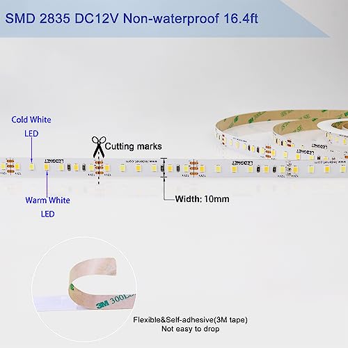 LEDENET Super Bright CCT Tunable White LED Strip Lights 16.4ft DC 12V 600LEDs 2800K-6500K Bi-Colored Temperature Dual White Adjustable Flexible LED Tape Light Non-Waterproof for Bedroom