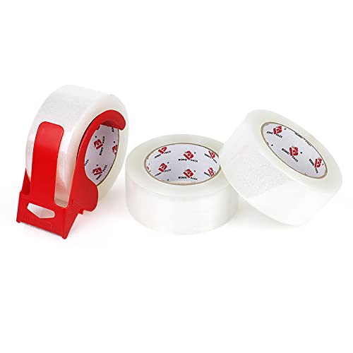 Bomei Pack 3 Pack Heavy Duty Clear Packing Tape With Dispenser, 2.4 Mil, 1.88 Inch X 110 Yards, Packing Tape Refills For Industrial Shipping Box Packaging Tape For Moving, Office, & Storage #TOP7