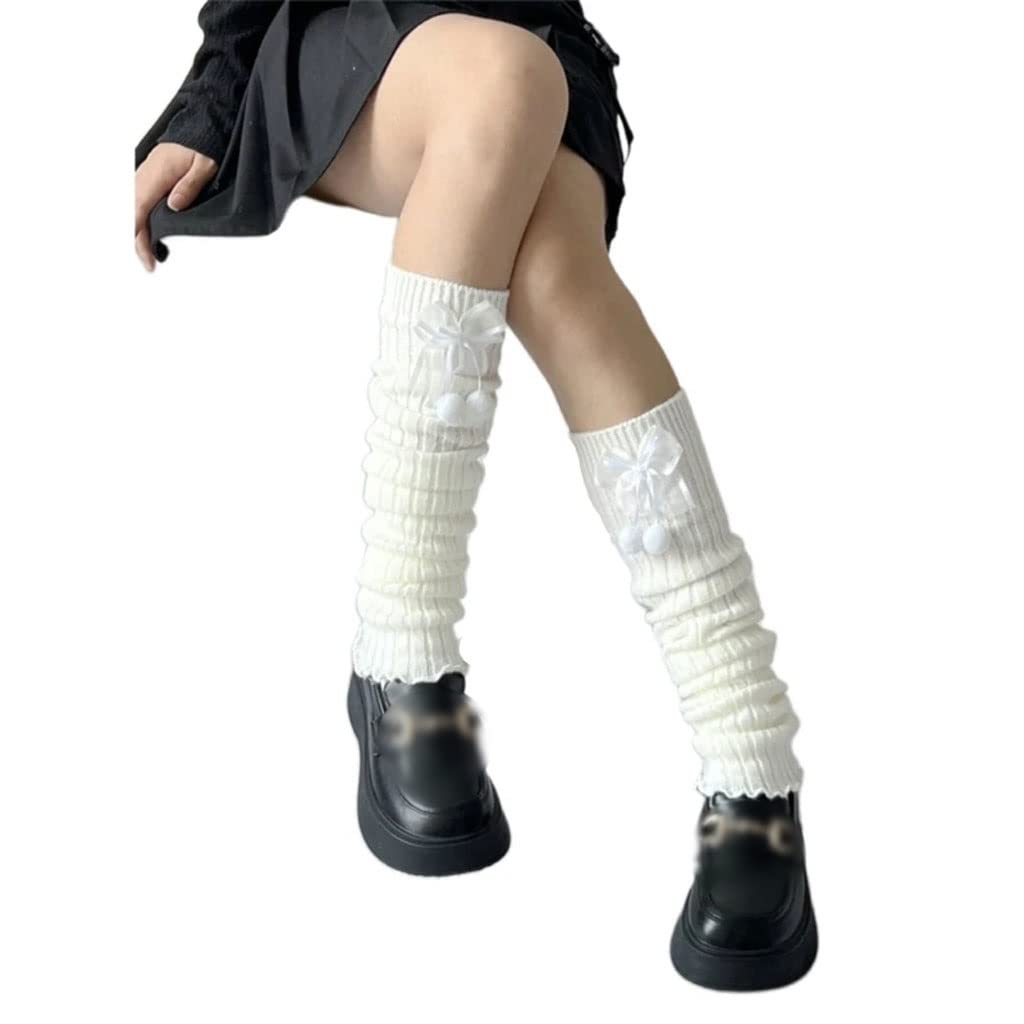 Fall Winter Ribbed Knitted Leg Warmers Socks Cute Pompom Bowknot Ruffled Hem Foot Covers Middle Tube Stockings