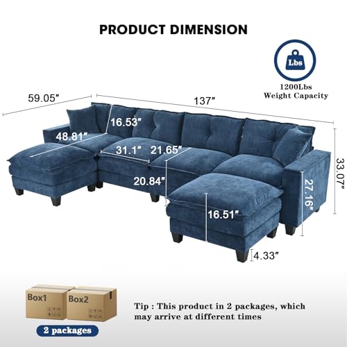 Image of 137 inch,U Shaped Couch,Modern Modular Sectional Sofa, 4-Seater Comfy Cloud Couch with Two Movable Ottoman & Throw Pillows for Living Room, Bedroom and Apartment, Dark Blue