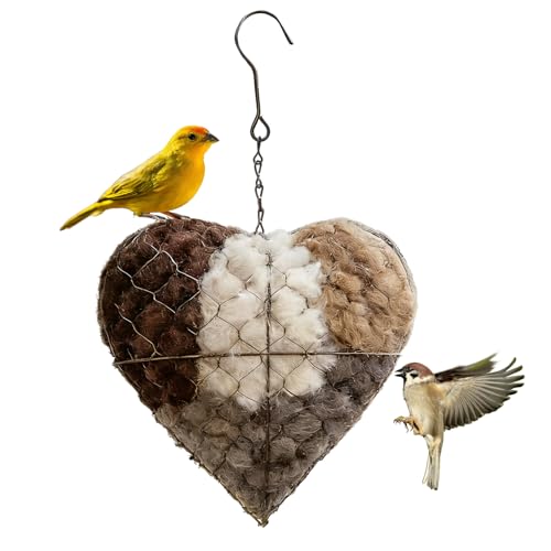 Handgefertigtes Vogelnest Herz Aufhängen Futterspender Vögel Vogel Nistmaterial Halter Set mit Metall Nachfüllbar Käfig Baumwolle Kolibri Nistmaterialhalterung Unterschlupf für Garten Terrasse