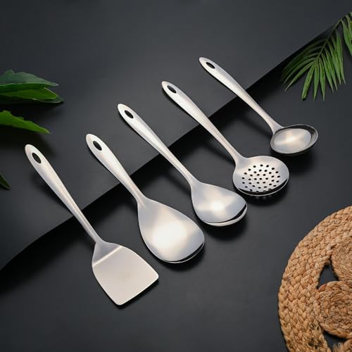 Image of Montavo by FnS 5 Pieces Premium Stainless Steel Serving Tools Set, Rice Server, Gravy Ladle, Veg Serving Spoon, Skimmer & Solid Turner, Food Grade Kitchen Utensils for Home & Dining