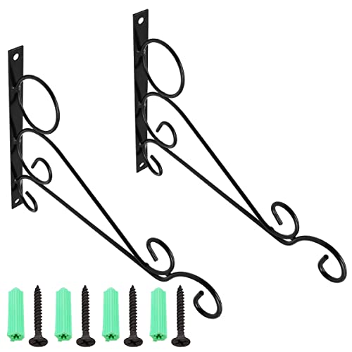 ZONADAH Pack of 2 Multi-function 25cm Metal Wall Mount Holder Hanger Hooks Curved Line Style for Plant Flower Basket Lights Birdcage Lanterns Wind Chimes Garden Balcony Indoor or Outdoor Black