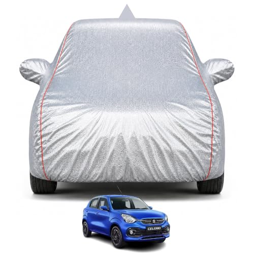 Image of Premium Car Cover For Maruti Suzuki Celerio 2021-2026 Models | 100% Waterproof, UV & Dust Protection | Mirror & Antenna Pocket | Triple Stitched, Soft Inner Lining Belt & Buckle, Metalic Silver