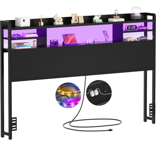 Image of Aheaplus Headboard for Queen Size Bed with Storage, Black | Headboards with LED Light, Power Outlets, USB Ports Queen Size Head Board, Wood headboard Only Sturdy and Stable Headboards