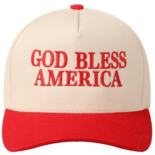 MIRMARU Two-Tone Vintage Canvas Trucker Hats for Men & Women Adjustable Size Baseball Caps with Trendy Embroidered Design (US Alpha One Size GOD Bless America Red)