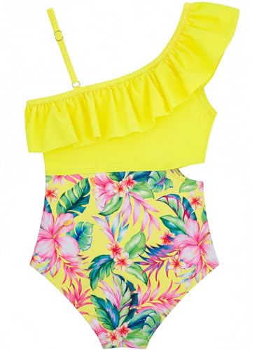 Image of Alakuoti Girls One Piece Swimsuits Cutout Ruffle Bathing Suit Quick Dry Beach Swimwear with Adjustable Strap 5-14 Years