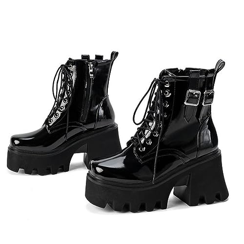 Tokouk Women's Patent Leather Chunky Heels Gothic Ankle Boots With Lace Up& Zipper,Fashion Lug Sole Platform Non-Slip Y2K Punk Short Booties Motorcycle Combat Booties