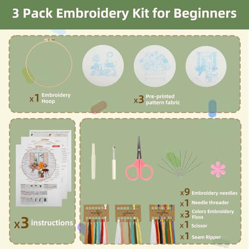 Image of olhuvs 3 Set Stitches Practice Kit, Embroidery Kit for Beginners DIY Starter Set with Stamped Flower, Colorful Threads, Tools, Step by Step Instructions (F)