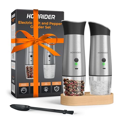 Homaider Gravity Electric Salt and Pepper Grinder Set Rechargeable & Automatic - for Spices Salt and Pepper - Wooden Stand Brush LED Lights x2 Charging Cables and Adjustable Coarseness - Set of 2