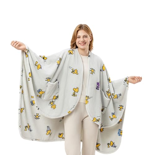 Berkshire Peanuts Wearable Throw Snoopy Print PrimaLush Plush Shawl Blanket Cozy & Stylish Wrap for Lounging Travel or Gifting 58 x 64 Everyday Woodstocks Opened Up Light Grey