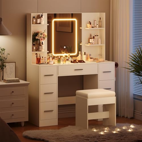 GarveeHome 43' Large Vanity Desk with 3 Colors LED Light and Mirror - Vanity Desk Set with Power...