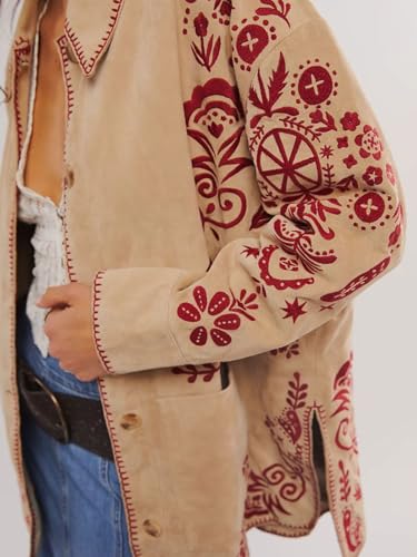 loveimgs Women Boho Retro Embroidered Jackets Lapel Button Up Shirt Faux Suede Jacket Y2k Outwear Coat Pocket Western Shacket4