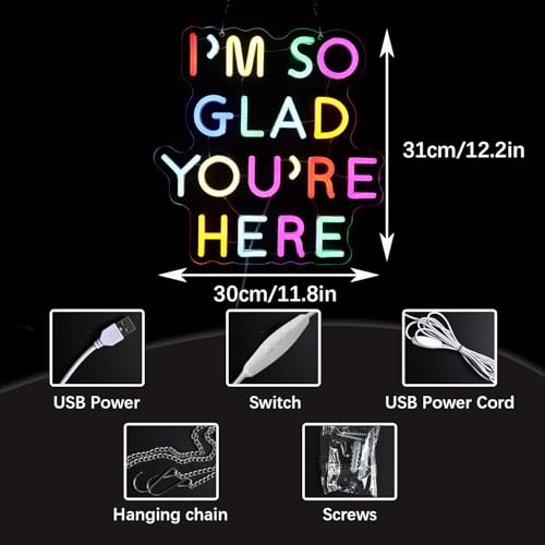 Image of I'm So Glad You're Here Neon Sign for Teachers - Dimmable Multicolor Letter LED Light with Wired Controller, Rainbow Glow Classroom Decor, 12.2x11.8 in, Includes 4 Wall Anchors & 2m USB Cable