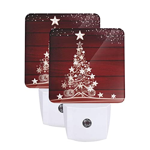 Image of Winter Snowflake Pine Red Christmas Tree Wood Night Light Set of 2, Christmas Auto Sensor LED Dusk-to-Dawn Nightlights, Plug-in Sensor Lamp for Bedroom Bathroom Kitchen Hallway Stairs Decorative