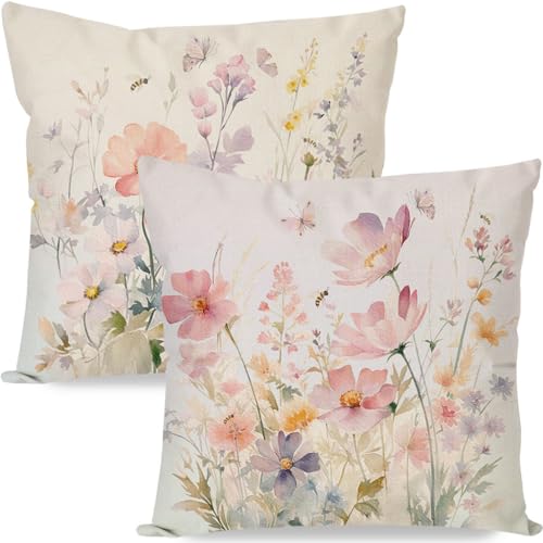 PANDICORN Spring Flower Throw Pillow Covers 18x18 Inch Set of 2 Butterfly Wildflower Floral Bee Outdoor Rustic Farmhouse Summer Decor Watercolor Pastel Decorative Pillow Case Decoration for Sofa Couch