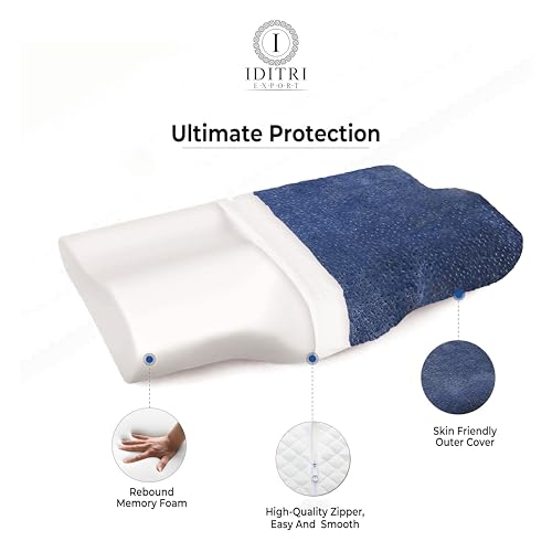 Image of Ergonomic Cervical Pillow, Contour Memory Foam for Neck and Shoulder Pain Relief, 48x30x9 cm, Breathable Soft Sleeping Cushion, Orthopedic Bedding for Side,Navy Blue Velvet Cover