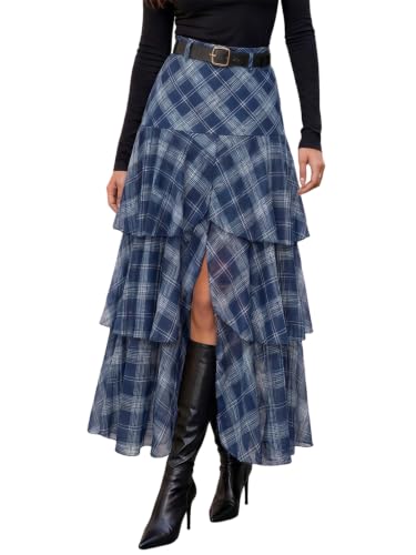 Wenrine Womens Mesh Maxi Skirt Polka Dot Front Split Tiered Plaid Skirts