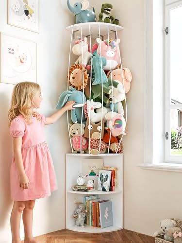 Image of 74.7 inch H Stuffed Animal Storage with 2-Tier Corner Bookshelf - Wall Mount Height Adjustable Plush Toy Organizer, Wooden Kids Bookshelf for Small Spaces Nursery Playroom Kids Room, White