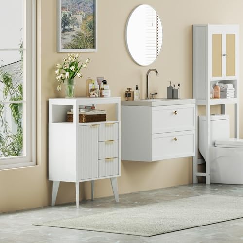 Image of White Bathroom Floor Cabinet with 3 Fluted Drawers & Door, Modern Storage Sideboard with Open Shelf, Coffee Bar Station for Living Room, Entryway, 23.6 x 11.8 x 34.6 Inches