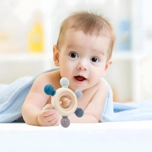 Image of Baby Teething Toys for 0-6 6-12 Months, BPA Free Baby Teether Sensory Toy for Babies 0 3 6 9 12 18 Months, Newborn Infant Toys Gifts for 1 One Year Old Baby Boys Girls (Non Jelly Shapes Handle)