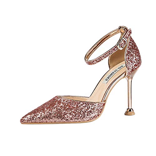 DEBAIJIA Donna Scarpe col Tacco Paillettes 9CM Tacco Alto Scarpe da Sposa Festa 36 EU Rosa Oro (Dimensione Tag-36)
