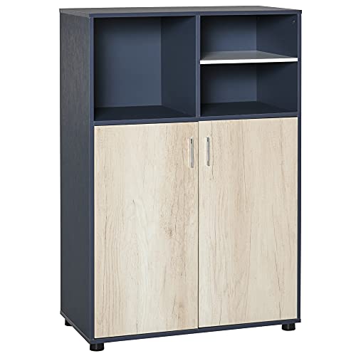 HOMCOM Multifunctional Storage Cabinet Bookcase with Doors and Display Shelves for Books, Photos, Blue and Natural Wood