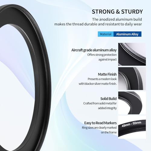 Anillo adaptador step-up 49-55 mm, anillo de filtro de aumento de 49 mm a 55 mm para montura de lente de 49 mm y 55 mm para objetivos DSLR y filtros ND, UV, CPL e IR miniatura 5