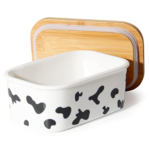 Theo&Cleo Mantequera de cerámica con tapa de madera, 250 g de almacenamiento de mantequilla, de porcelana vintage (vacas) Cover