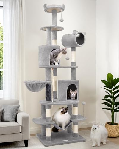 C81 Artistic Curved Cat Tower for Small Cats(Under 12 lbs), 81-inch Slim Design Cat Tree with Space-Saving Design, Indoor Cat Condo with Hammock & Tunnel, Light Gray, Non-Large Cats