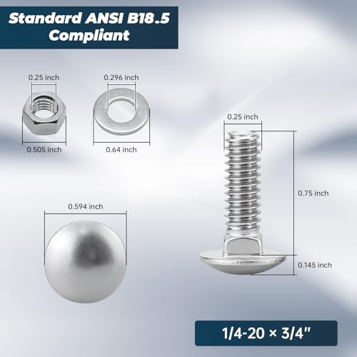 Image of 1 /4-20 x 3 /4 Inch Carriage Bolt Kit, 304 Stainless Steel (18-8) with Hex Nuts & Flat Washers - 10 Sets, Round Head Square Neck, Full Thread Coverage by Glvaner