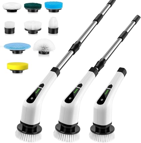 DAILIENFUS Elektrische Reinigungsbürste schnurlos mit 9 austauschbaren Bohrbürstenköpfen, 2 Geschwindigkeiten Elektrischer Wannenreiniger mit verstellbarem Griff für Bad Küche Auto Fußboden