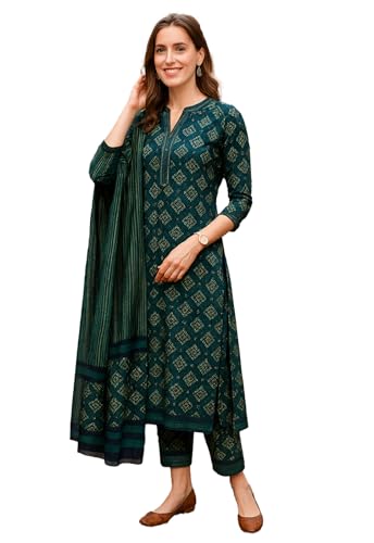 Image of Yashika Women's Cotton Blend Printed Kurta with Pant & Dupatta| Kurta with Pants and Dupatta Set