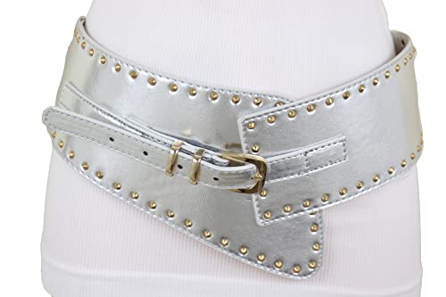 Women Wide Western Fashion Belt Hip Waist Silver Faux Leather Gold Metal Studs XS S2