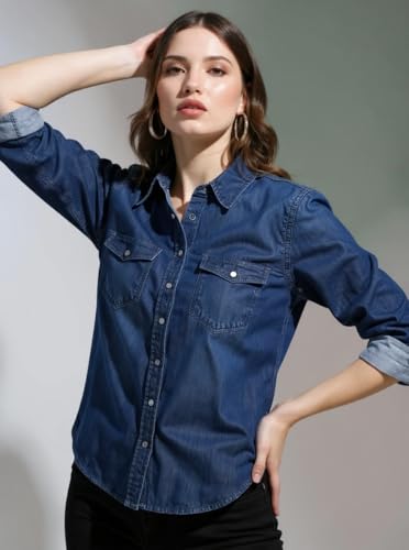 Image of Women's Denim Shirt Full Sleeve Regular Fit Collared Neck Solid Blue Button Down Casual Stylish Girls Western Shirt