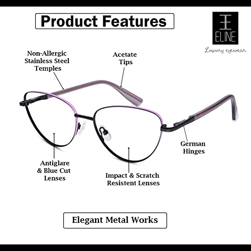 Image of ELINE Cat Eye Zero Power Blue Cut Computer Glasses for Women | Antiglare, Light Weight & Blocks Harmful rays | UV Protection | Black-Pink | Medium
