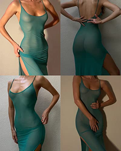 Image of Suillty Women Mesh Sheer Spaghetti Strap Long Maxi Dress Sexy Sleeveless Backless Beach Swimsuit Cover Ups Party Club Dresses
