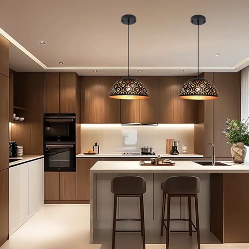 Image of Pendant Lights Kitchen Island Farmhouse Set of 2, Black And Gold Hanging Lamp Retro, Adjustable Height, 11.8 in Hollow Lampshade, E26 Vintage Chandeliers for Dining Room, Bedroom, Hallway, Entryway