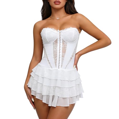 JKEEMI Corset Dress for Women Strapless Flattering White Short Lace Mini Dress Backless Bustier Tube Top White Sundress 2026 for Club Party Rave Concert Night Out S