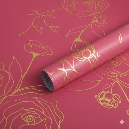 Image of VKR Pink and Gold Rose Peel and Stick Wallpaper, Self Adhesive Waterproof PVC Wall Sticker for Bedroom, Living Room and Furniture Decoration (45 cm x 300 cm)