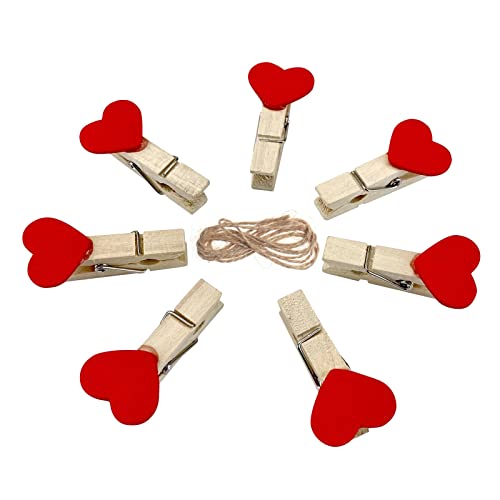 Andiker Mini Pinzas Madera Natural, Clips Corazon Rojo, con 2 m de Cuerda de Yute para Colgar sin Rastro para Bodas, Fotos, Tarjetas y Manualidades (10 Unidades)